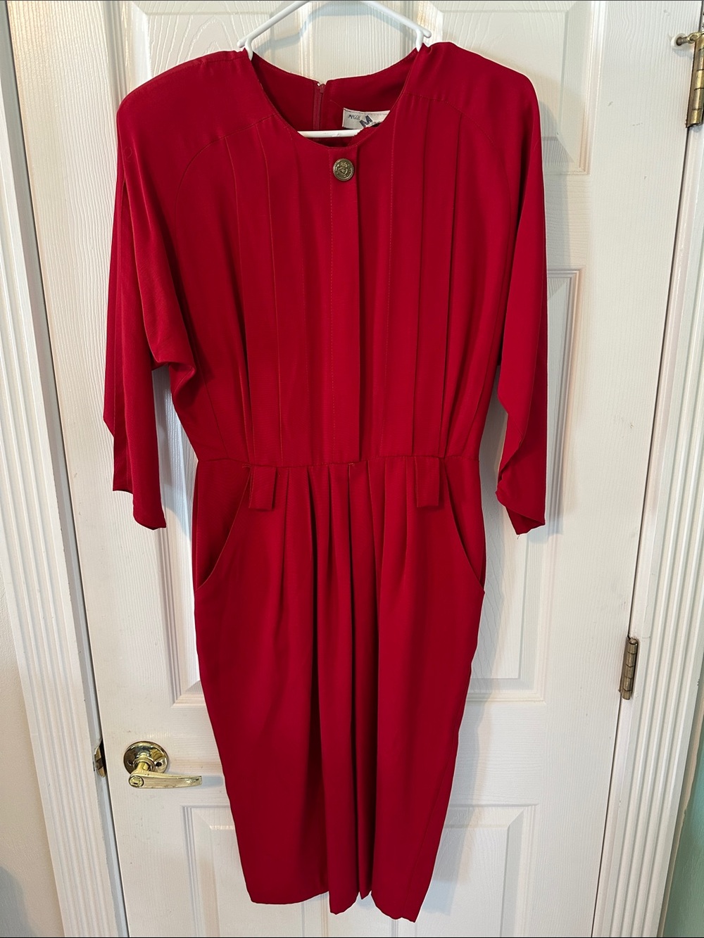 Women's Red Long-Sleeve Pleated Day Dress